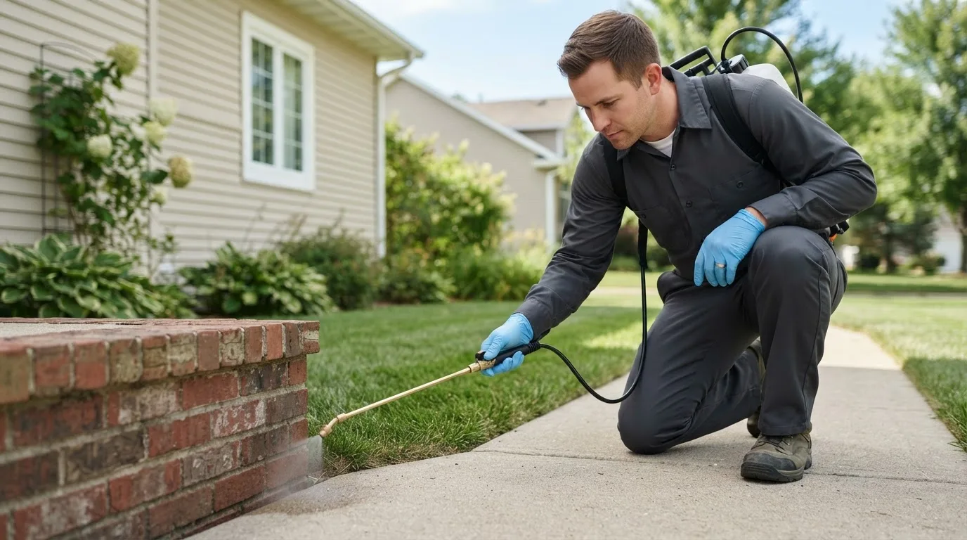Pest control technician treating a home near Meta, MO