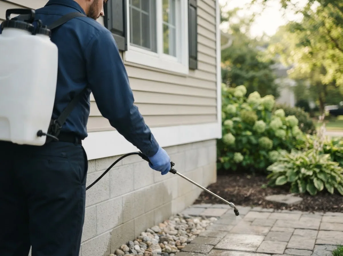 Pest control technician inspecting a home in Meta, MO